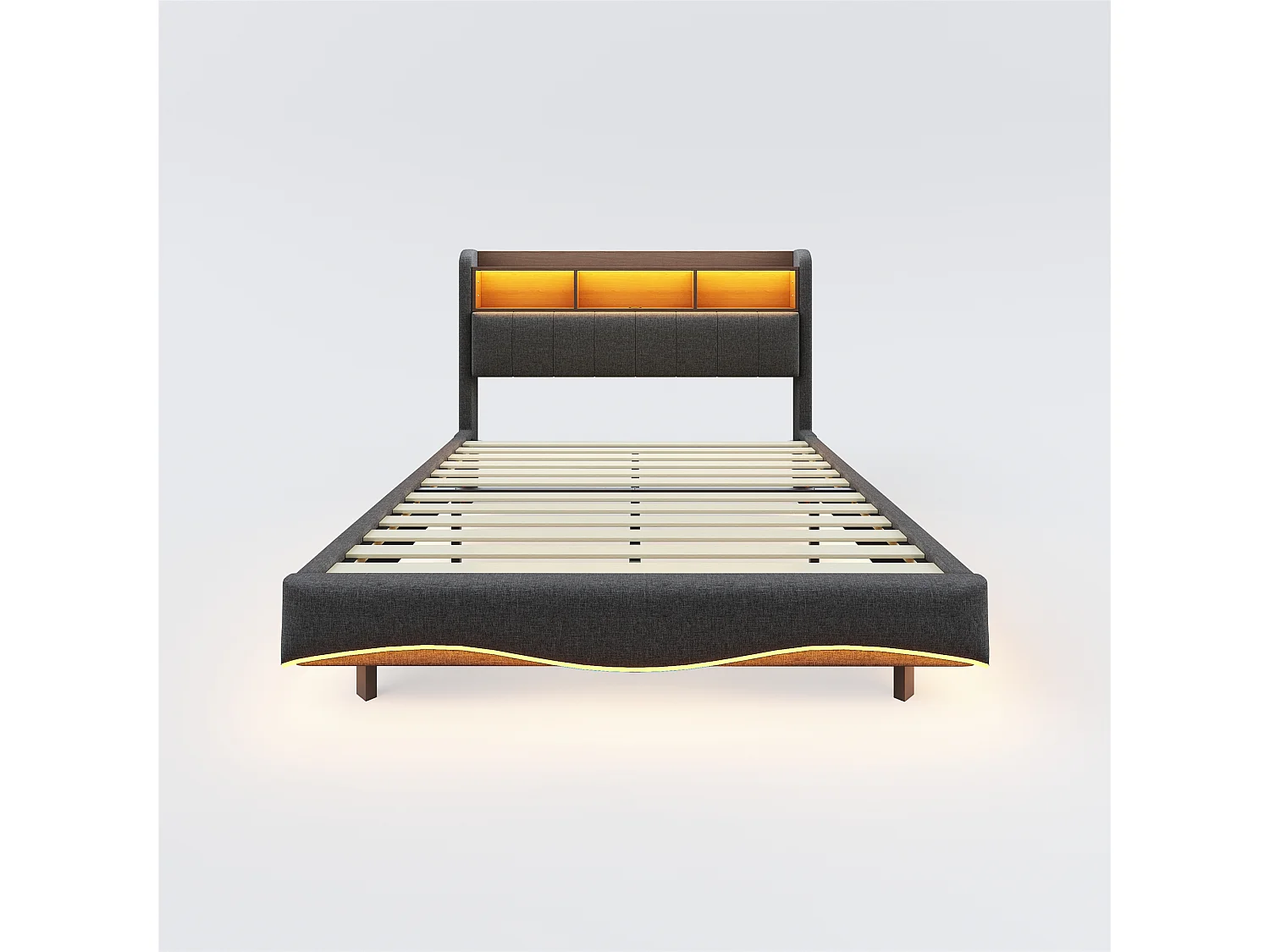Gestoffeerd bed 140 x 200 cm met hoofdeinde - LED's, USB en TYPE-C - Linnenstof - Lattenbodem - Grijs