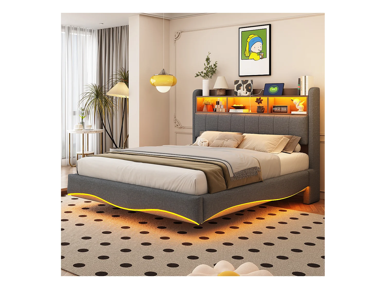 Lit capitonné 140 x 200 cm avec tête de lit - LEDs, USB et TYPE-C - Tissu en lin - Sommier à lattes - Gris