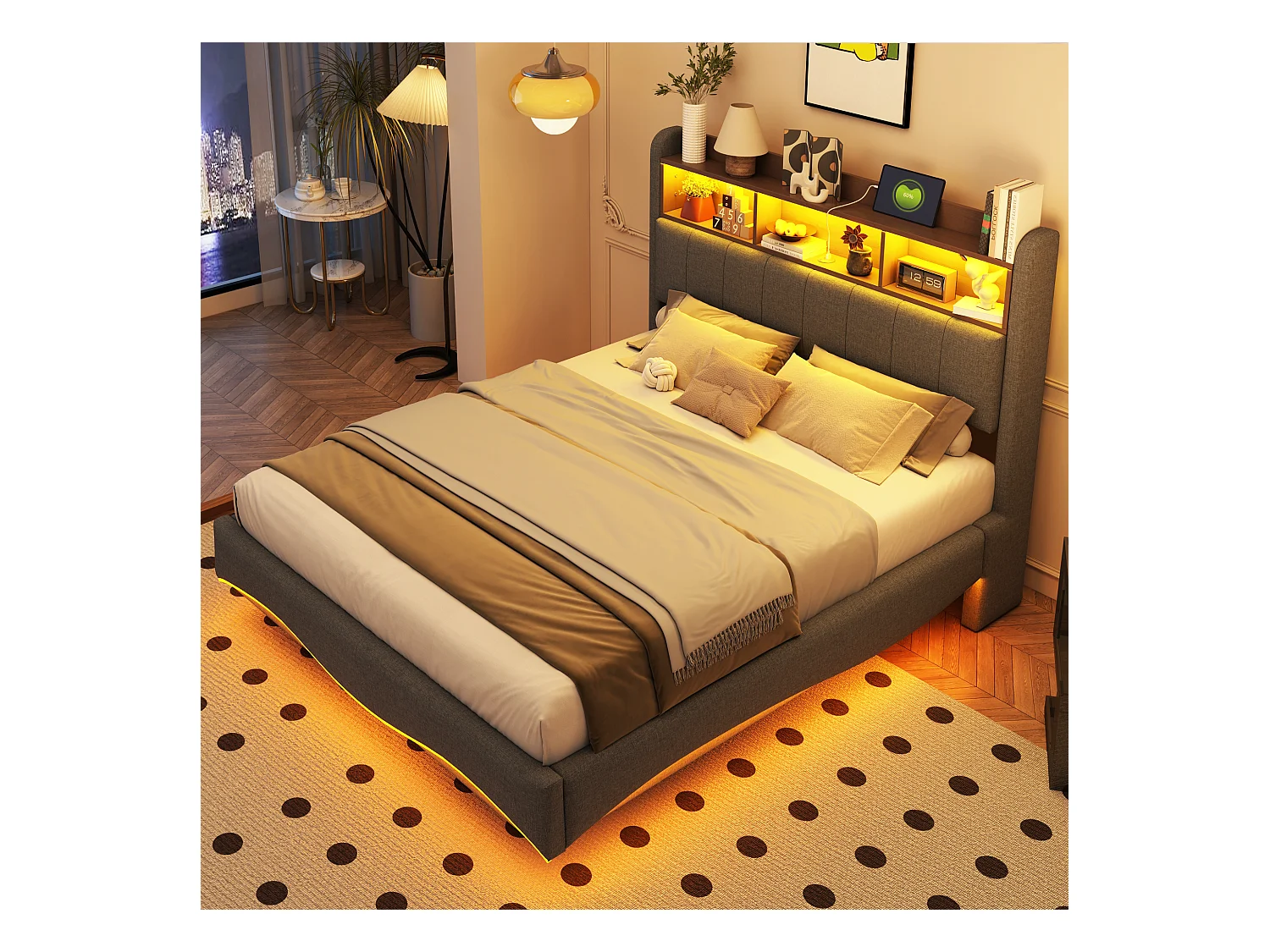 Lit capitonné 140 x 200 cm avec tête de lit - LEDs, USB et TYPE-C - Tissu en lin - Sommier à lattes - Gris