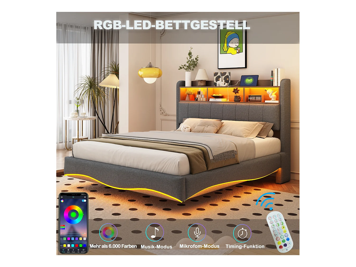 Lit capitonné 140 x 200 cm avec tête de lit - LEDs, USB et TYPE-C - Tissu en lin - Sommier à lattes - Gris