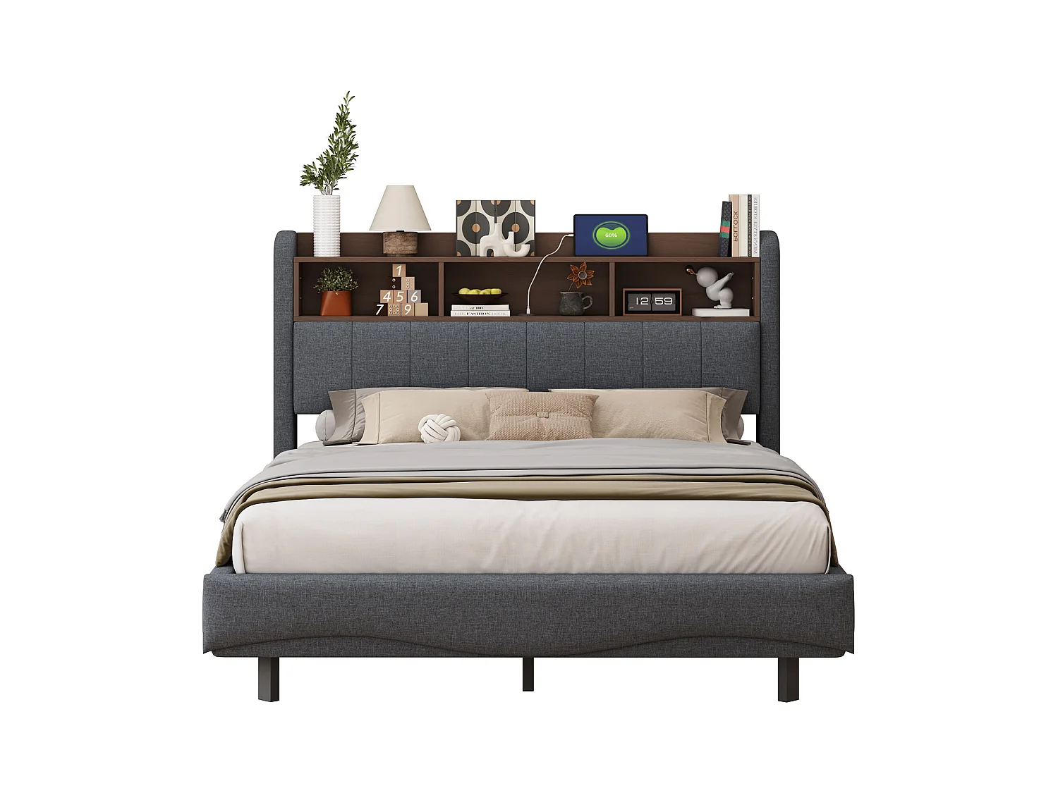 Lit capitonné 140 x 200 cm avec tête de lit - LEDs, USB et TYPE-C - Tissu en lin - Sommier à lattes - Gris