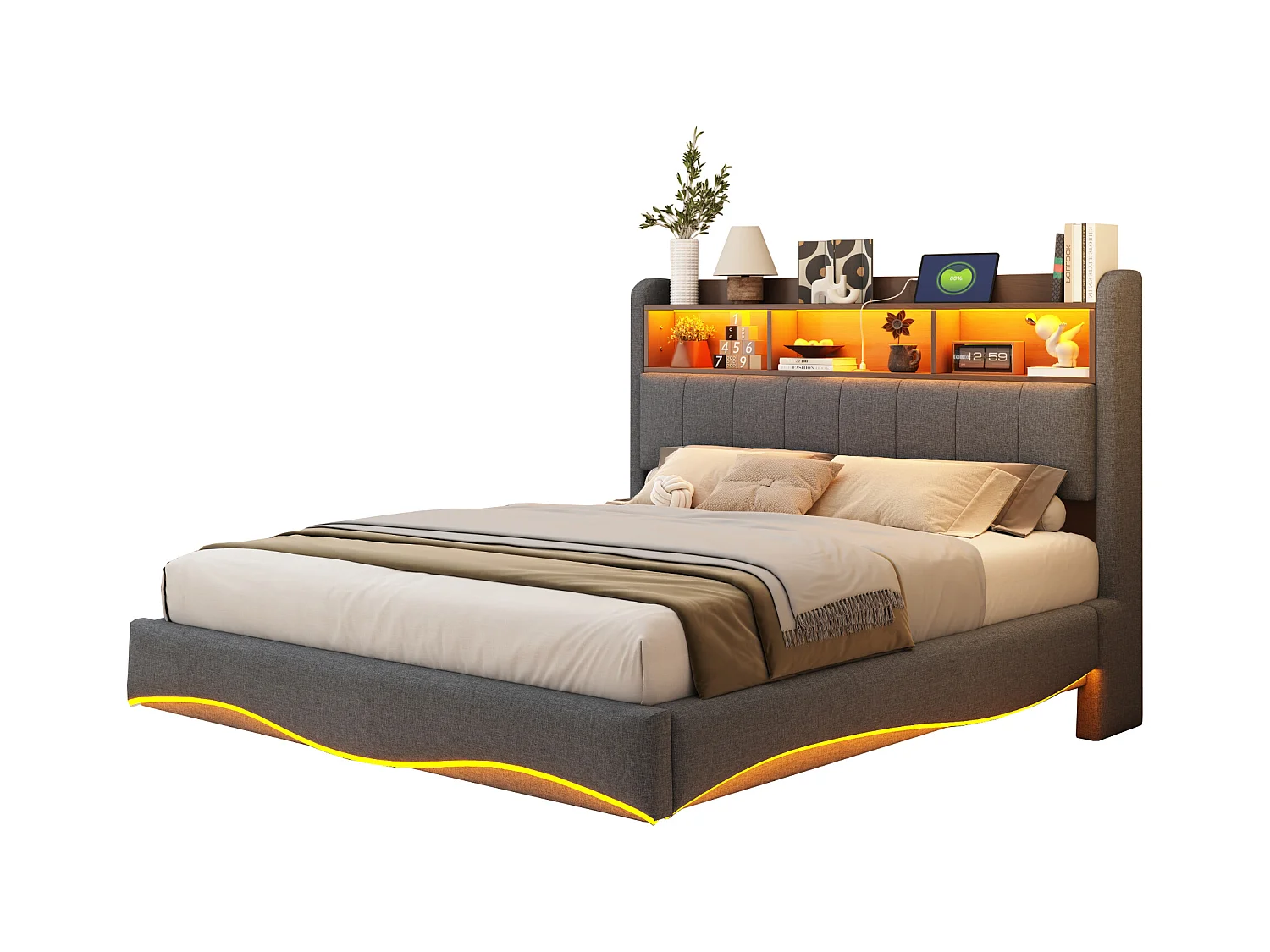 Lit capitonné 140 x 200 cm avec tête de lit - LEDs, USB et TYPE-C - Tissu en lin - Sommier à lattes - Gris