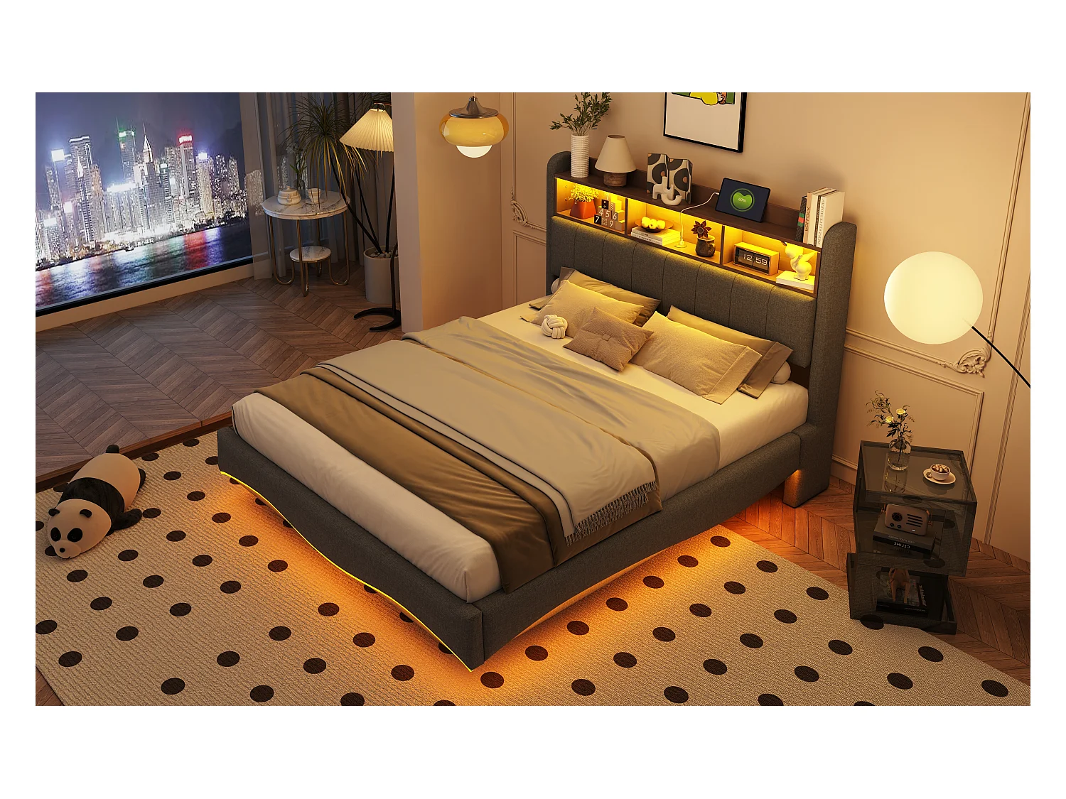 Lit capitonné 140 x 200 cm avec tête de lit - LEDs, USB et TYPE-C - Tissu en lin - Sommier à lattes - Gris