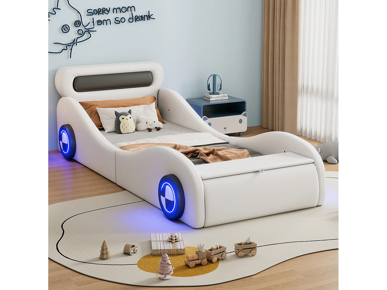 Lit capitonné 90 x 200 cm en forme de voiture - roues lumineuses - Cuir PU - Sommier à lattes - Blanc (sans matelas)