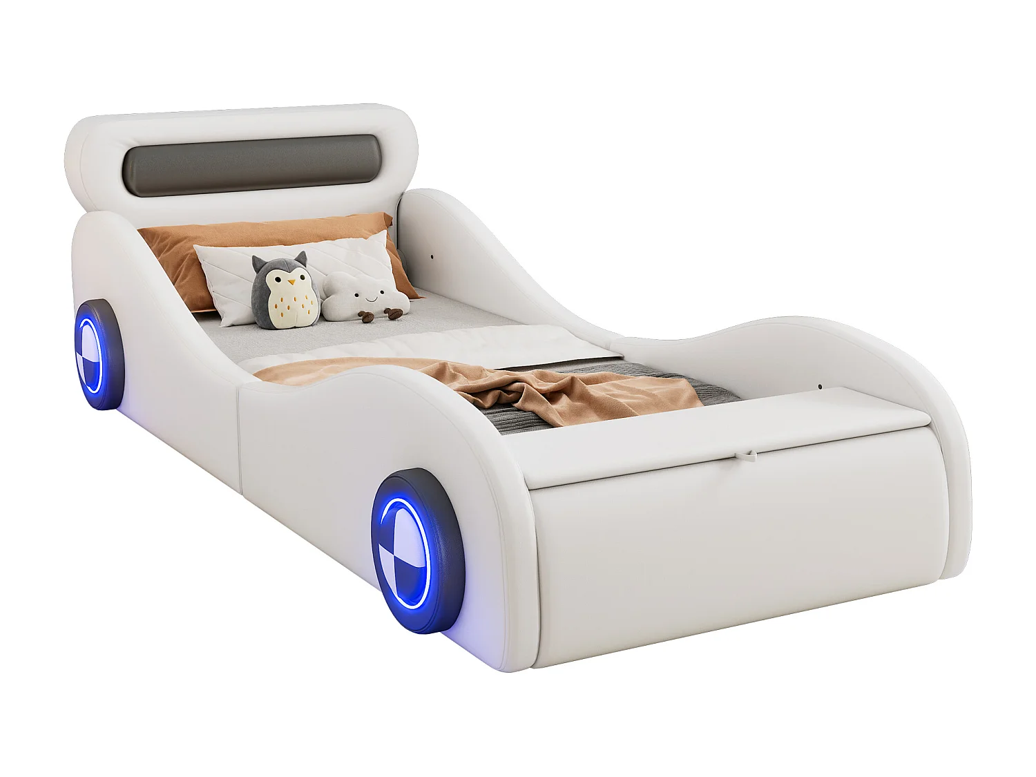 Lit capitonné 90 x 200 cm en forme de voiture - roues lumineuses - Cuir PU - Sommier à lattes - Blanc (sans matelas)