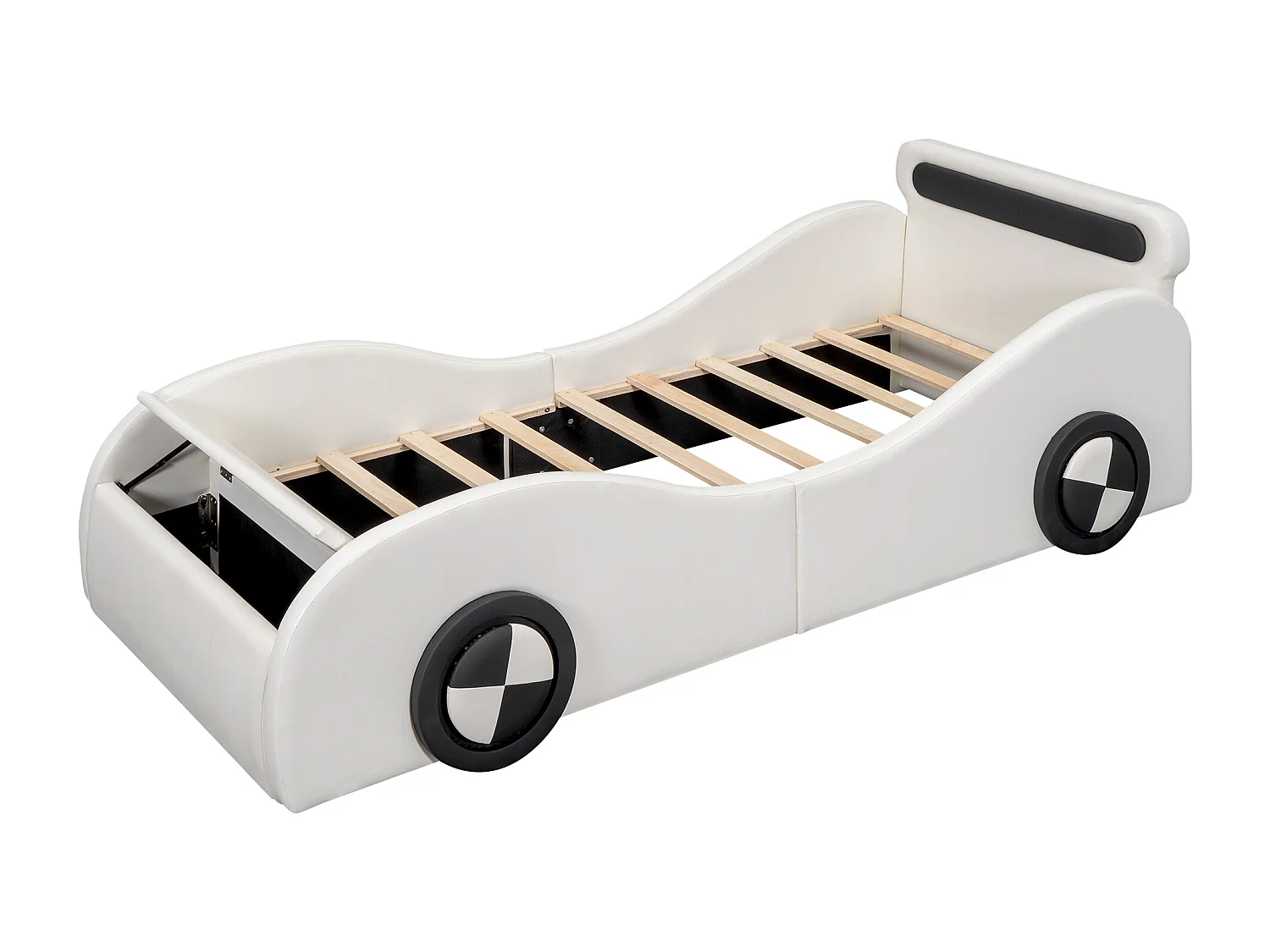Lit capitonné 90 x 200 cm en forme de voiture - roues lumineuses - Cuir PU - Sommier à lattes - Blanc (sans matelas)