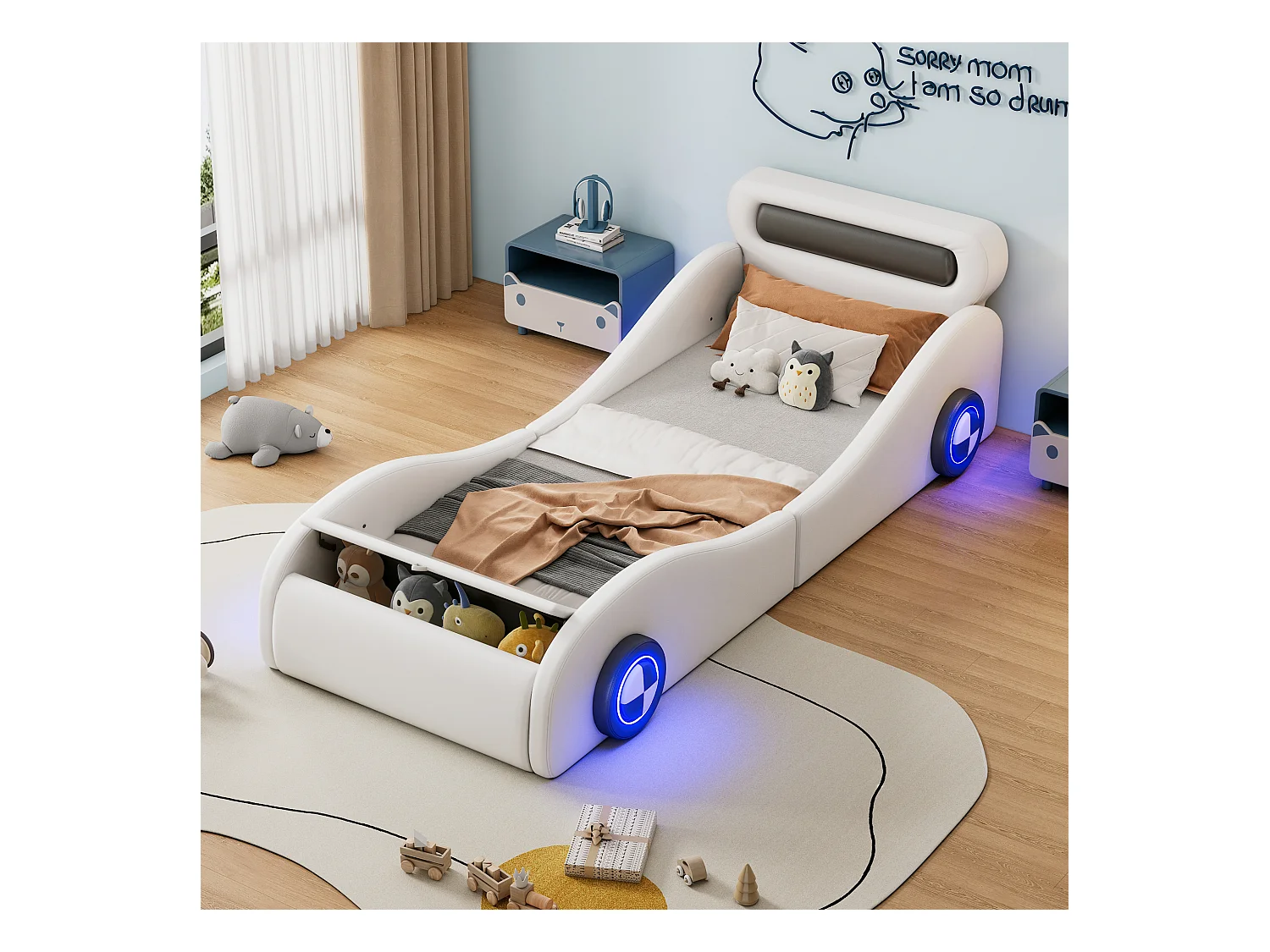 Lit capitonné 90 x 200 cm en forme de voiture - roues lumineuses - Cuir PU - Sommier à lattes - Blanc (sans matelas)