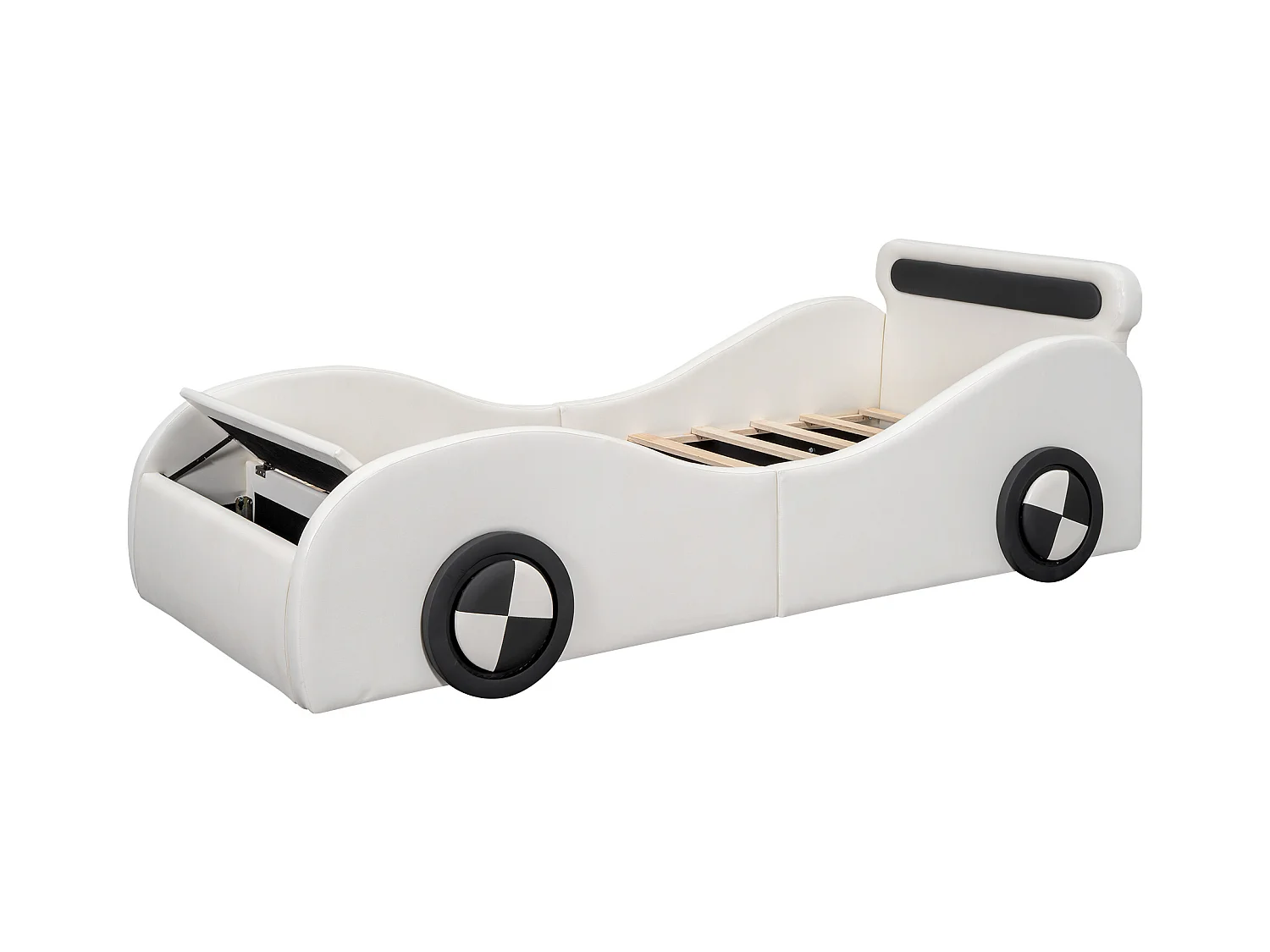 Lit capitonné 90 x 200 cm en forme de voiture - roues lumineuses - Cuir PU - Sommier à lattes - Blanc (sans matelas)