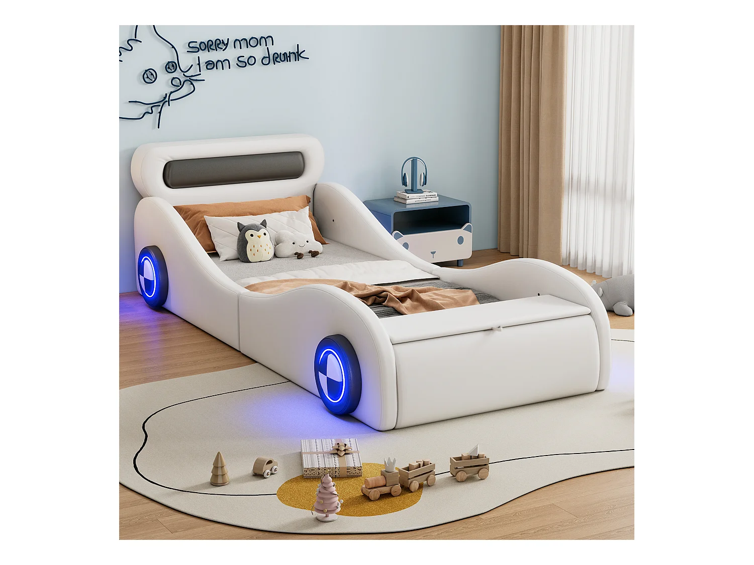 Lit capitonné 90 x 200 cm en forme de voiture - roues lumineuses - Cuir PU - Sommier à lattes - Blanc (sans matelas)