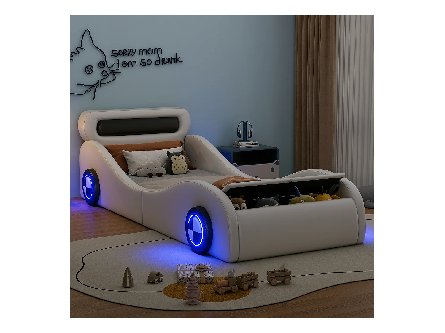 Lit capitonné 90 x 200 cm en forme de voiture - roues lumineuses - Cuir PU - Sommier à lattes - Blanc (sans matelas)