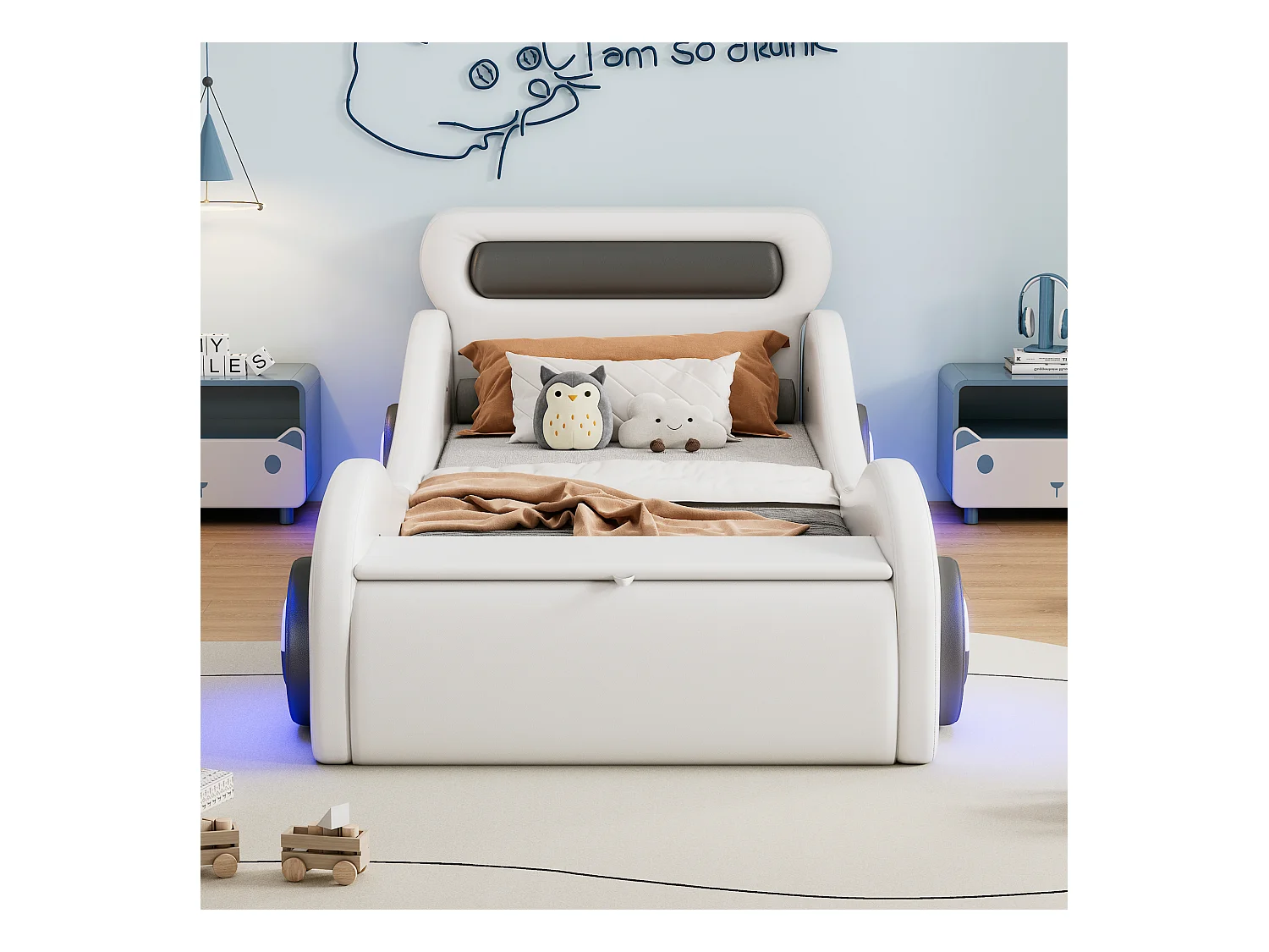 Lit capitonné 90 x 200 cm en forme de voiture - roues lumineuses - Cuir PU - Sommier à lattes - Blanc (sans matelas)