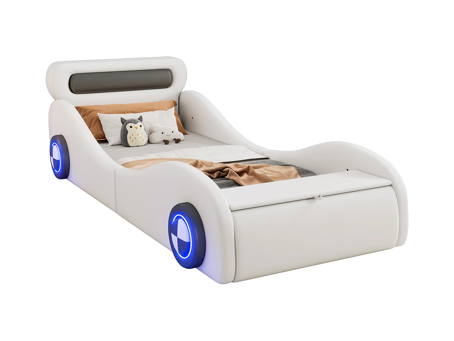 Lit capitonné 90 x 200 cm en forme de voiture - roues lumineuses - Cuir PU - Sommier à lattes - Blanc (sans matelas)