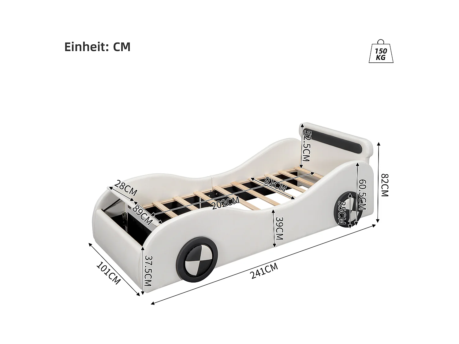 Lit capitonné 90 x 200 cm en forme de voiture - roues lumineuses - Cuir PU - Sommier à lattes - Blanc (sans matelas)