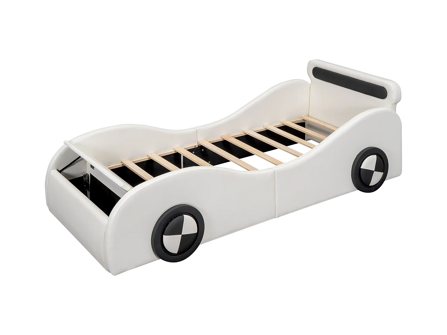 Lit capitonné 90 x 200 cm en forme de voiture - roues lumineuses - Cuir PU - Sommier à lattes - Blanc (sans matelas)