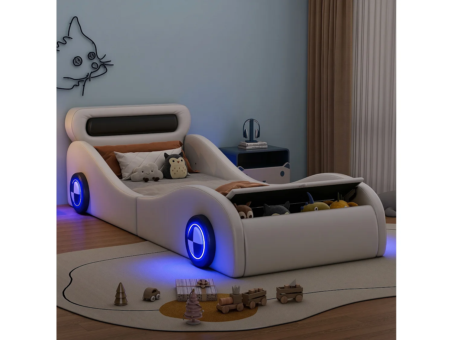 Lit capitonné 90 x 200 cm en forme de voiture - roues lumineuses - Cuir PU - Sommier à lattes - Blanc (sans matelas)