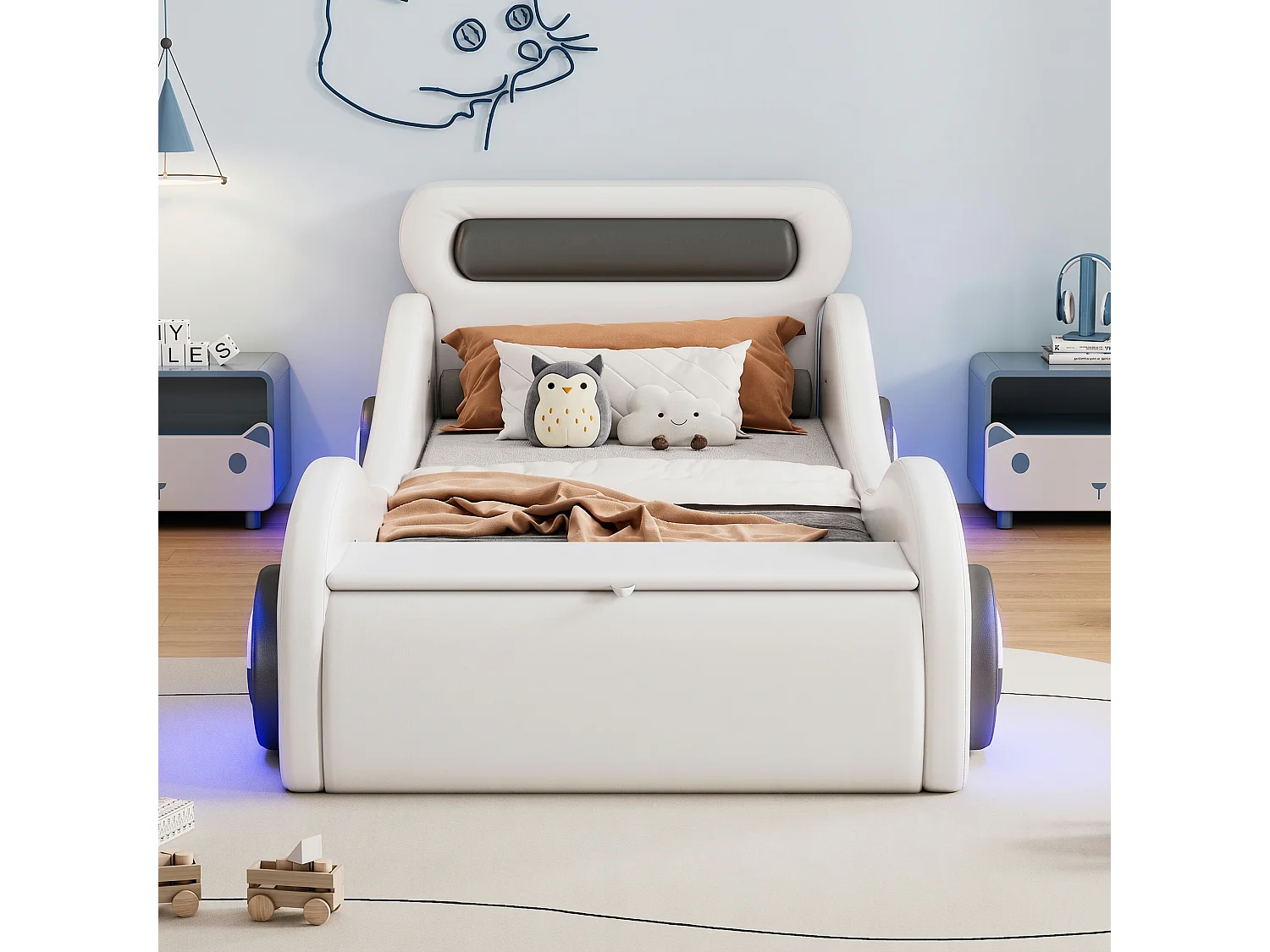 Lit capitonné 90 x 200 cm en forme de voiture - roues lumineuses - Cuir PU - Sommier à lattes - Blanc (sans matelas)