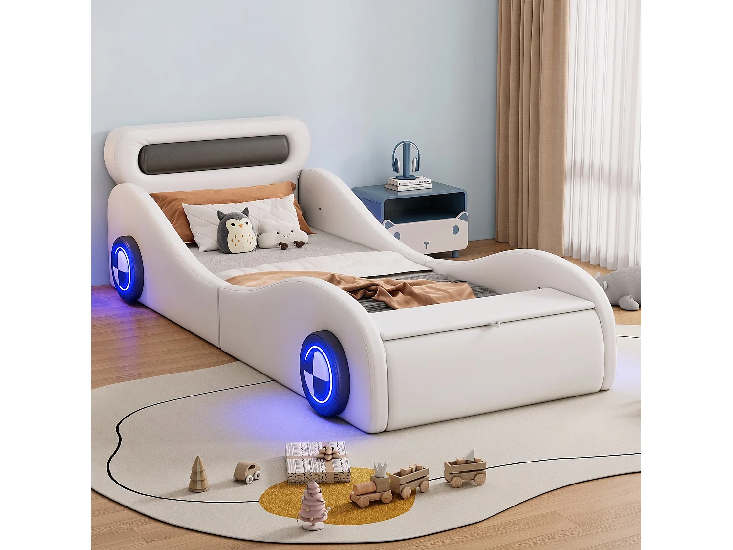 Lit capitonné 90 x 200 cm en forme de voiture - roues lumineuses - Cuir PU - Sommier à lattes - Blanc (sans matelas)