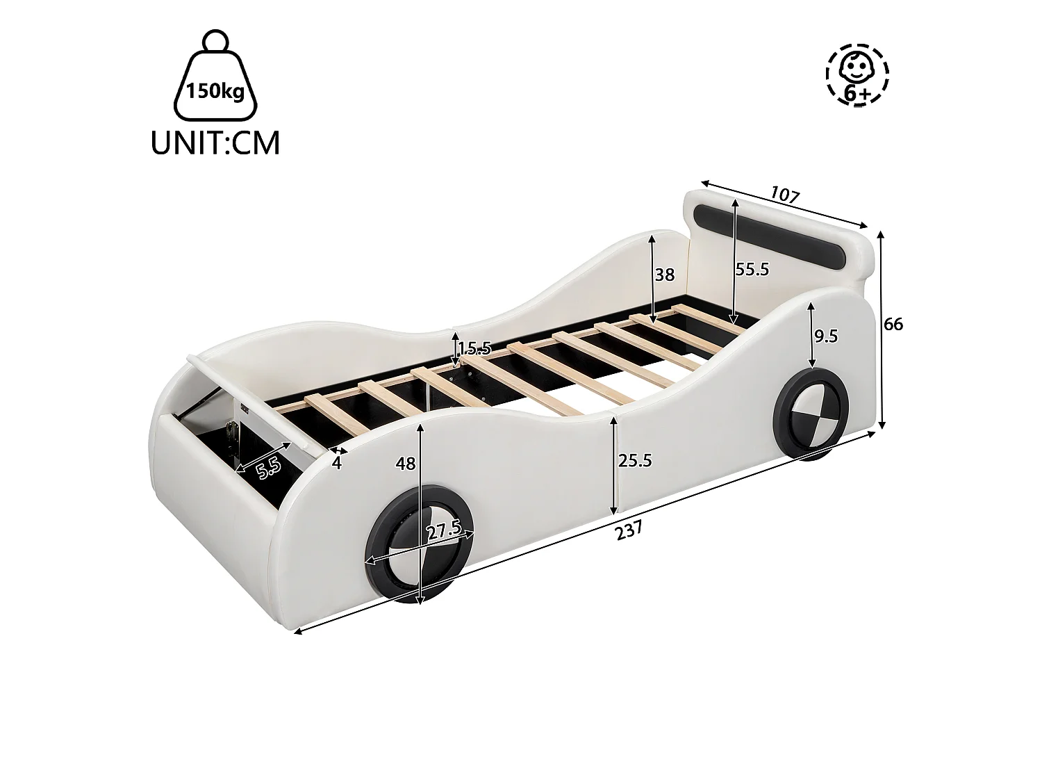 Lit capitonné 90 x 200 cm en forme de voiture - roues lumineuses - Cuir PU - Sommier à lattes - Blanc (sans matelas)