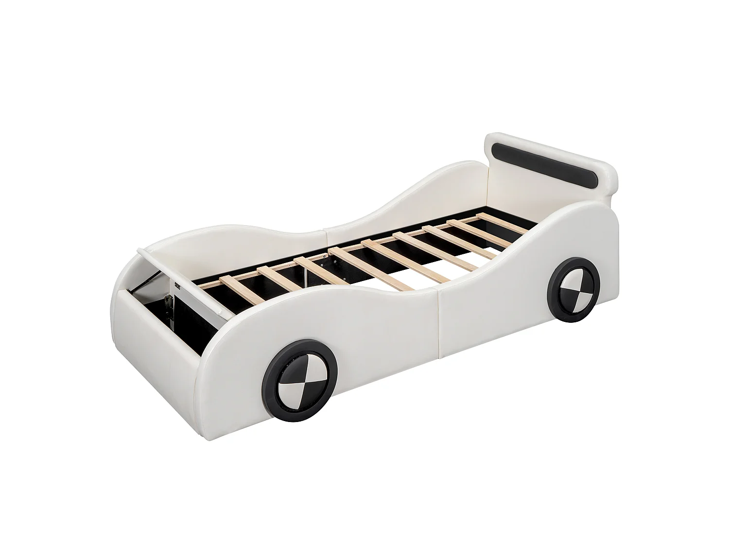 Lit capitonné 90 x 200 cm en forme de voiture - roues lumineuses - Cuir PU - Sommier à lattes - Blanc (sans matelas)