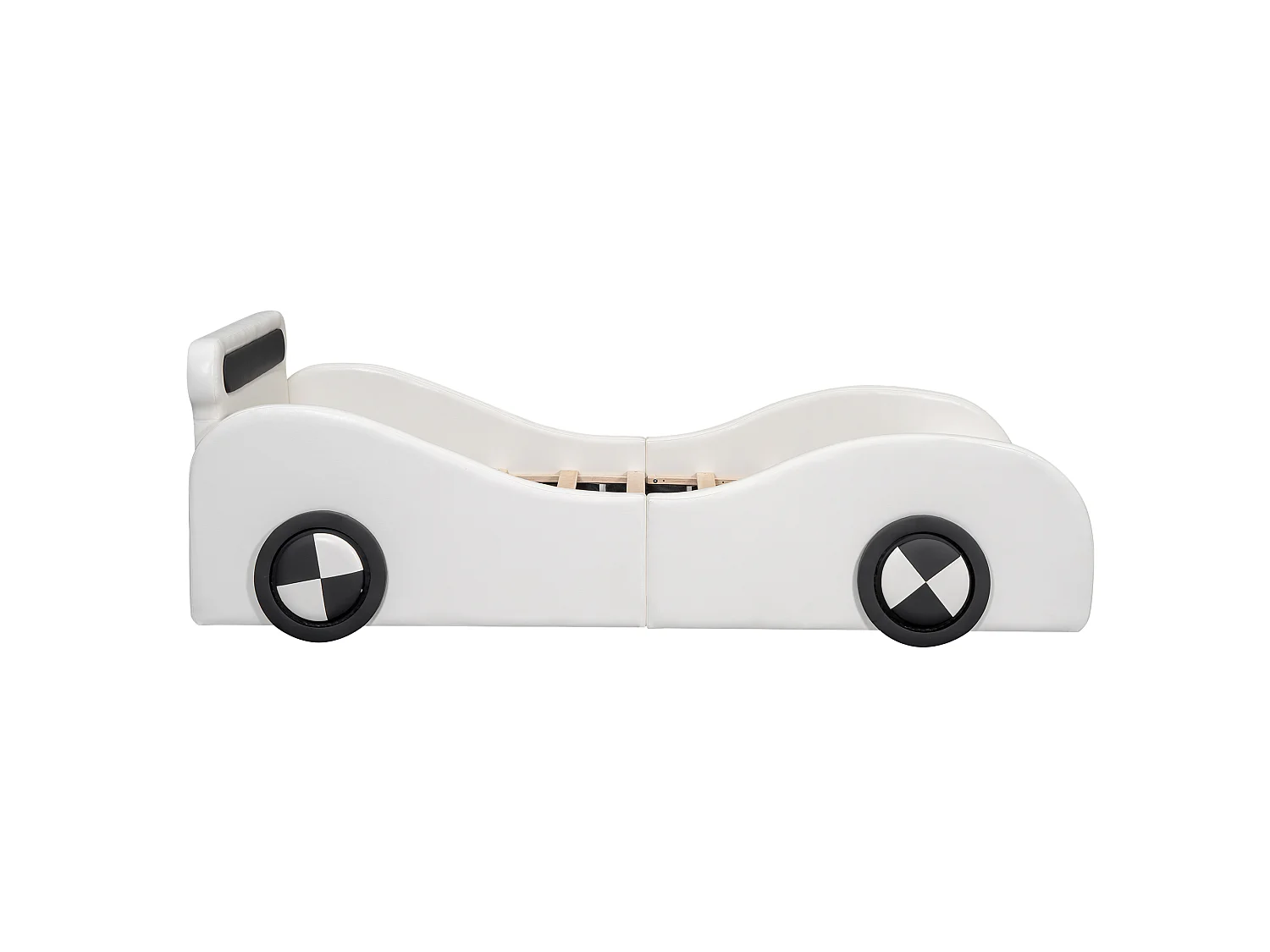 Lit capitonné 90 x 200 cm en forme de voiture - roues lumineuses - Cuir PU - Sommier à lattes - Blanc (sans matelas)