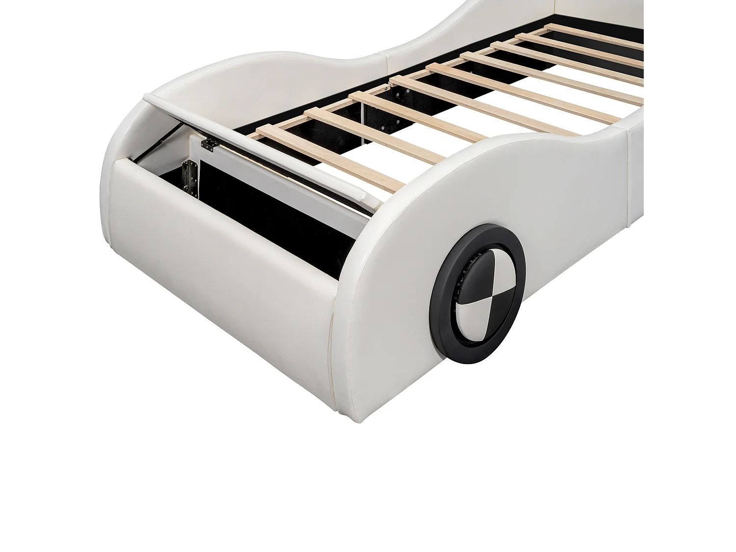 Lit capitonné 90 x 200 cm en forme de voiture - roues lumineuses - Cuir PU - Sommier à lattes - Blanc (sans matelas)