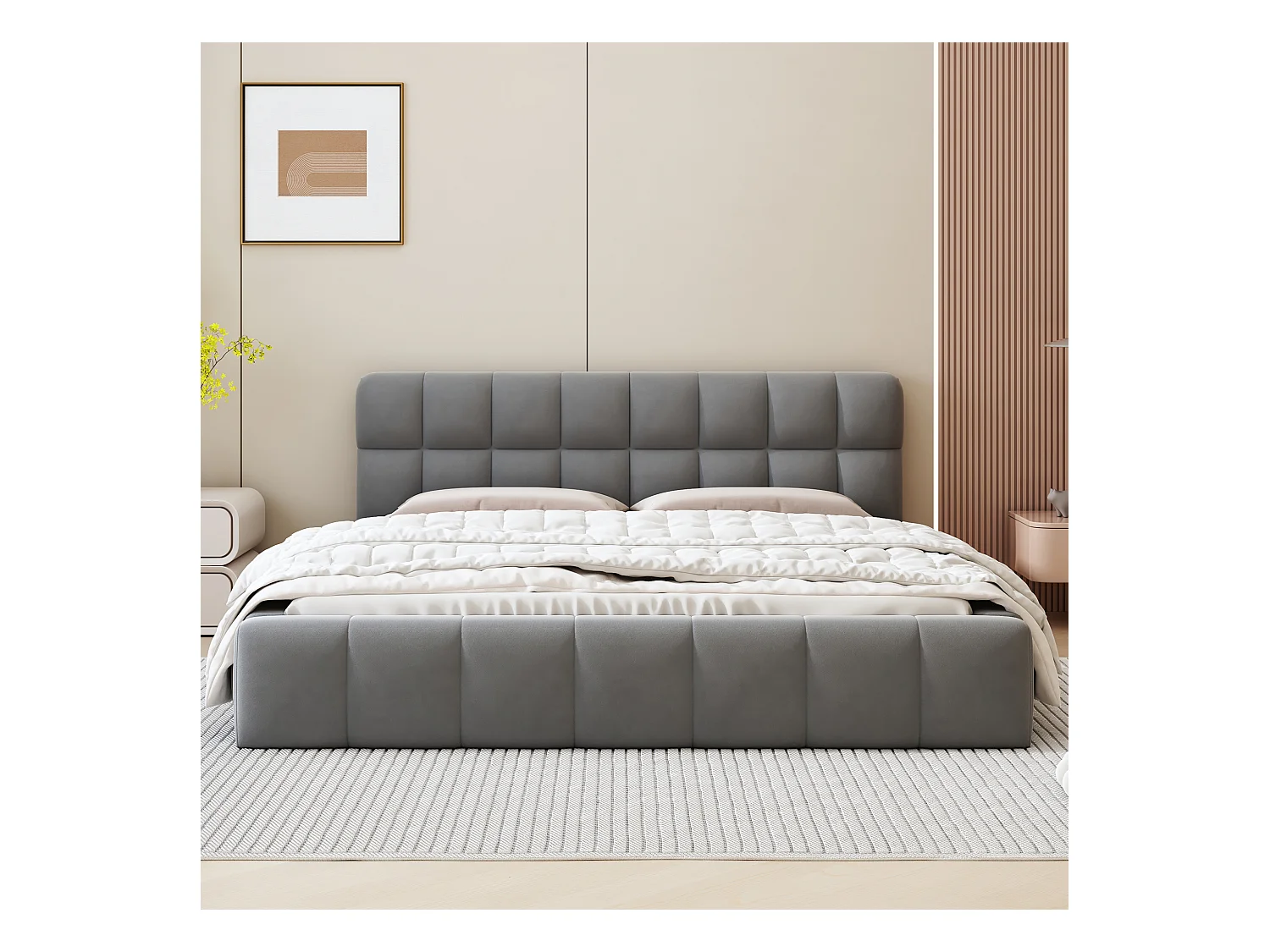 Lit capitonné 140 x 190 cm avec tête de lit moelleux - Tissu en lin - Sommier à lattes - Gris (Sans matelas)