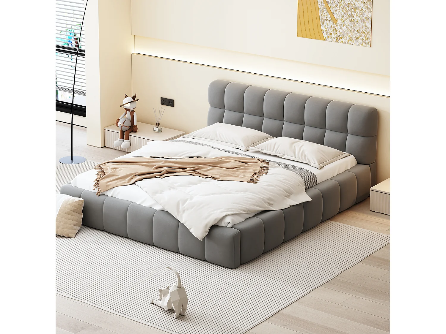 Lit capitonné 140 x 190 cm avec tête de lit moelleux - Tissu en lin - Sommier à lattes - Gris (Sans matelas)