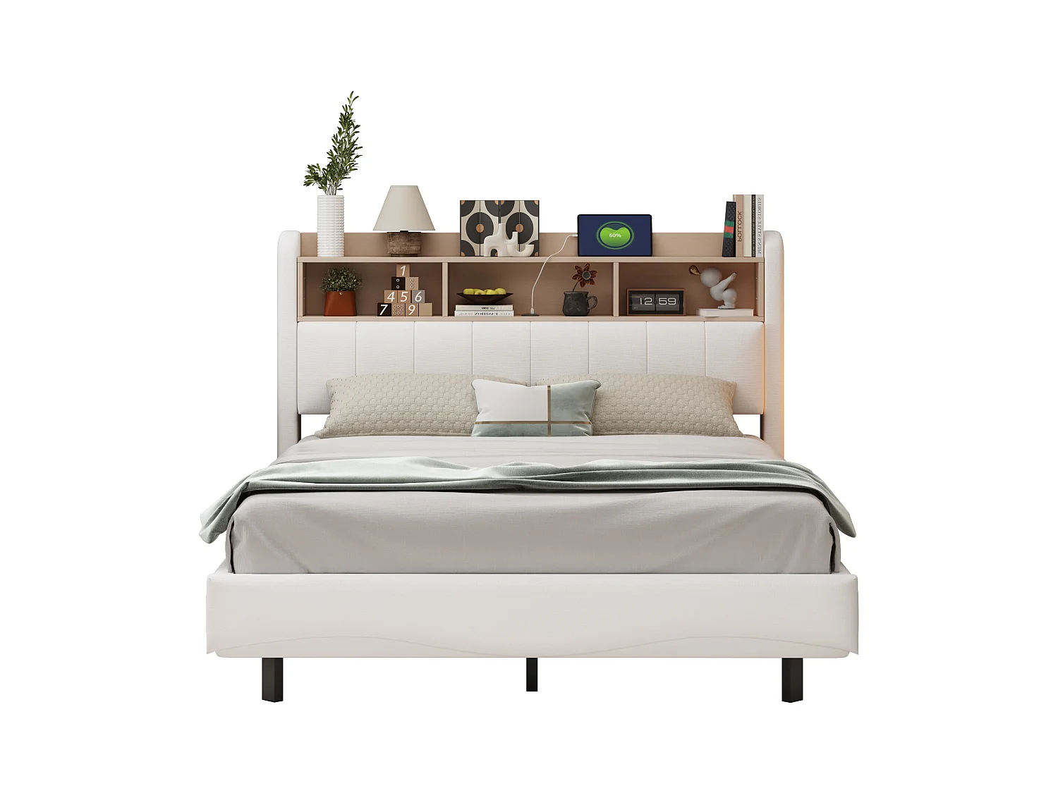 Lit capitonné 140 x 200 cm avec tête de lit - LEDs, USB et TYPE-C - Tissu en lin - Sommier à lattes - Beige