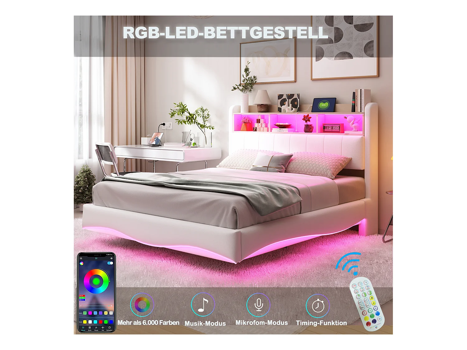 Lit capitonné 140 x 200 cm avec tête de lit - LEDs, USB et TYPE-C - Tissu en lin - Sommier à lattes - Beige