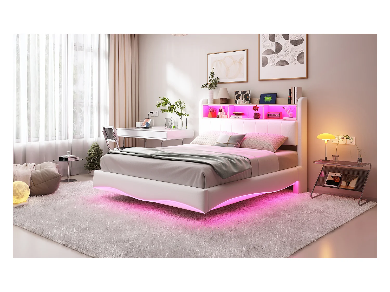 Lit capitonné 140 x 200 cm avec tête de lit - LEDs, USB et TYPE-C - Tissu en lin - Sommier à lattes - Beige