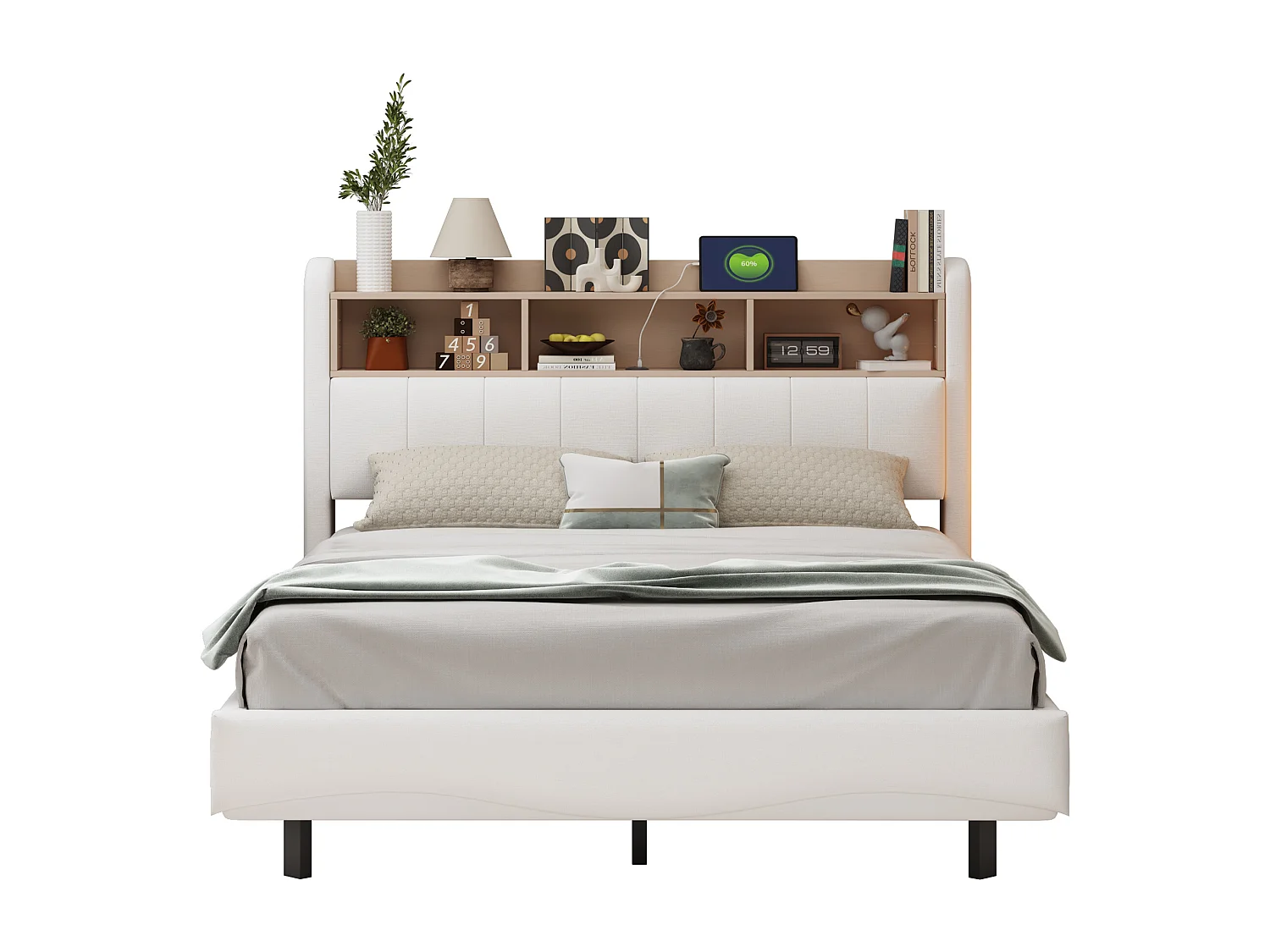 Lit capitonné 140 x 200 cm avec tête de lit - LEDs, USB et TYPE-C - Tissu en lin - Sommier à lattes - Beige