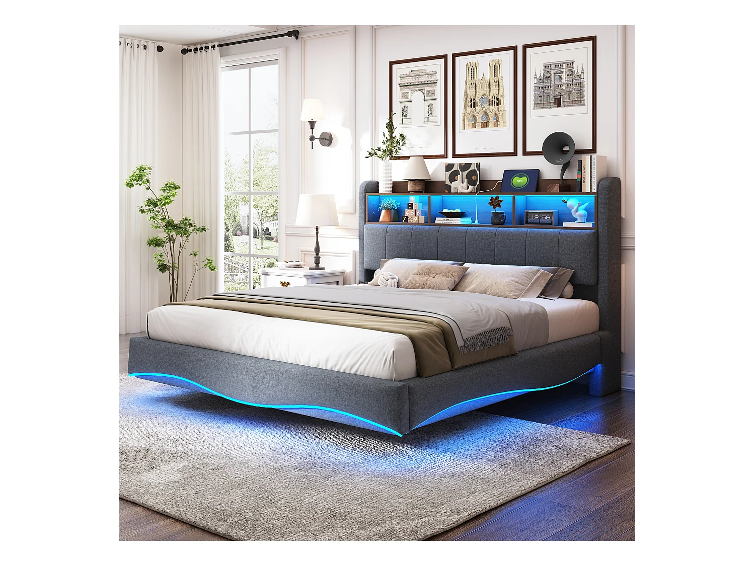 Polsterbett 160 x 200 cm mit Kopfteil – LEDs, USB und TYPE-C – Leinenstoff – Lattenrost – Grau