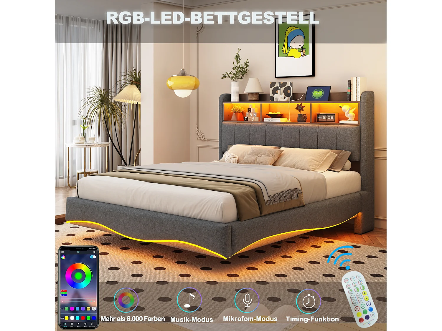 Lit capitonné 160 x 200 cm avec tête de lit - LEDs, USB et TYPE-C - Tissu en lin - Sommier à lattes - Gris