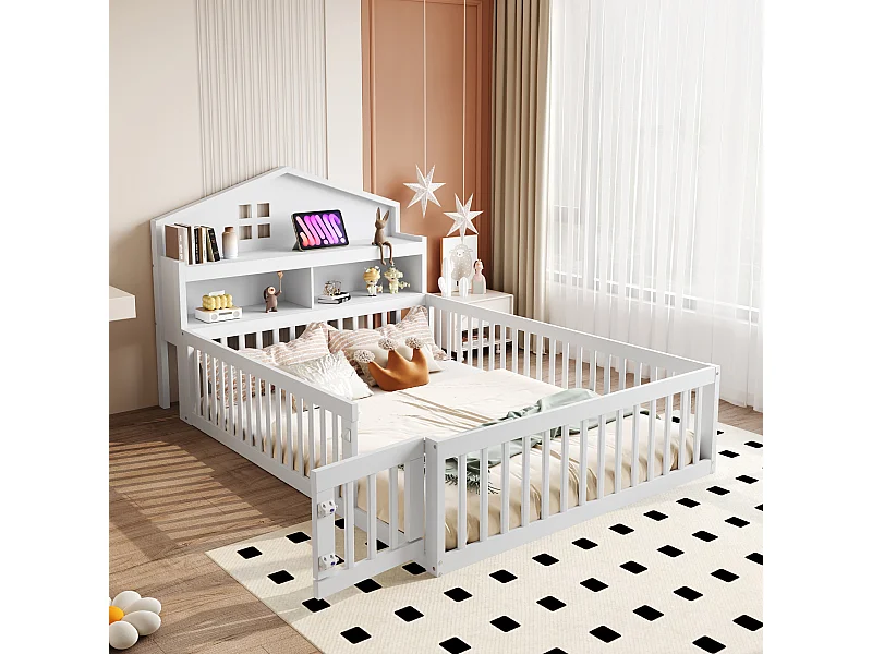 Lit enfant 140 x 200 avec grille de protection et porte - Bois massif - Étagères et rangements - Blanc