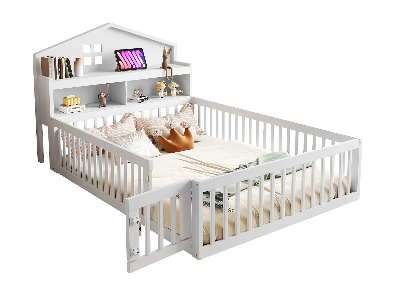 Lit enfant 140 x 200 avec grille de protection et porte - Bois massif - Étagères et rangements - Blanc