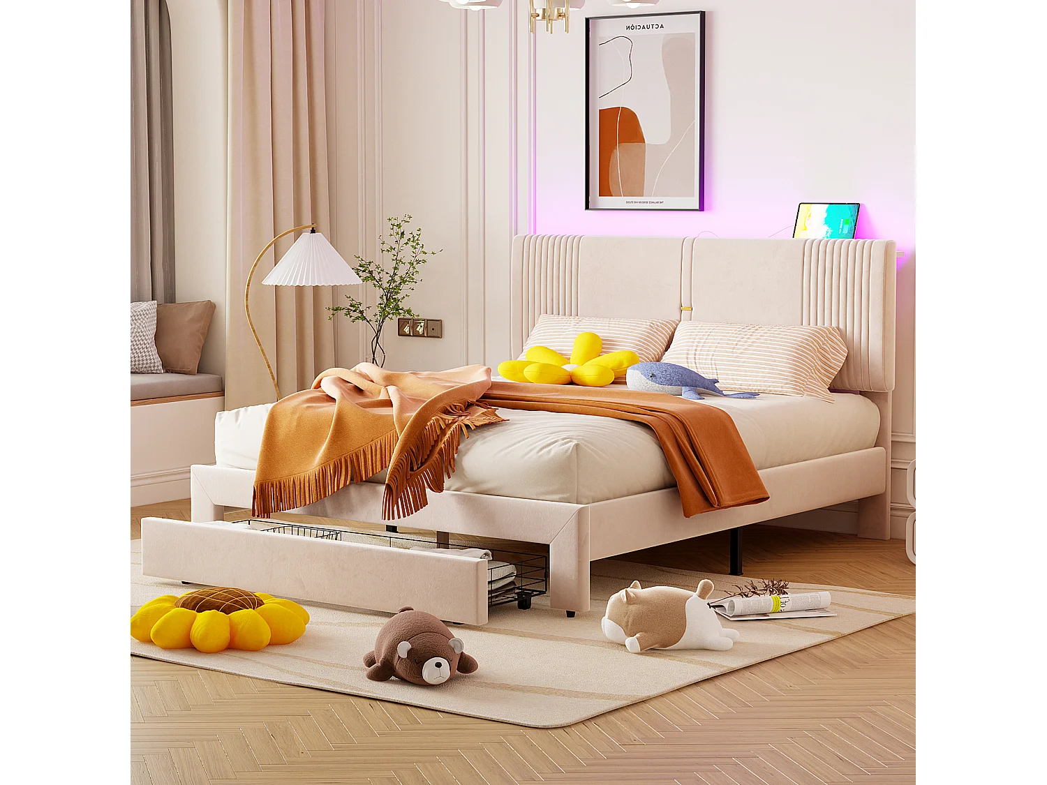 Lit capitonné 160 x 200 cm  avec tête de lit et 1 tiroir - Velours - LEDs et prise USB - Beige (Sans matelas)