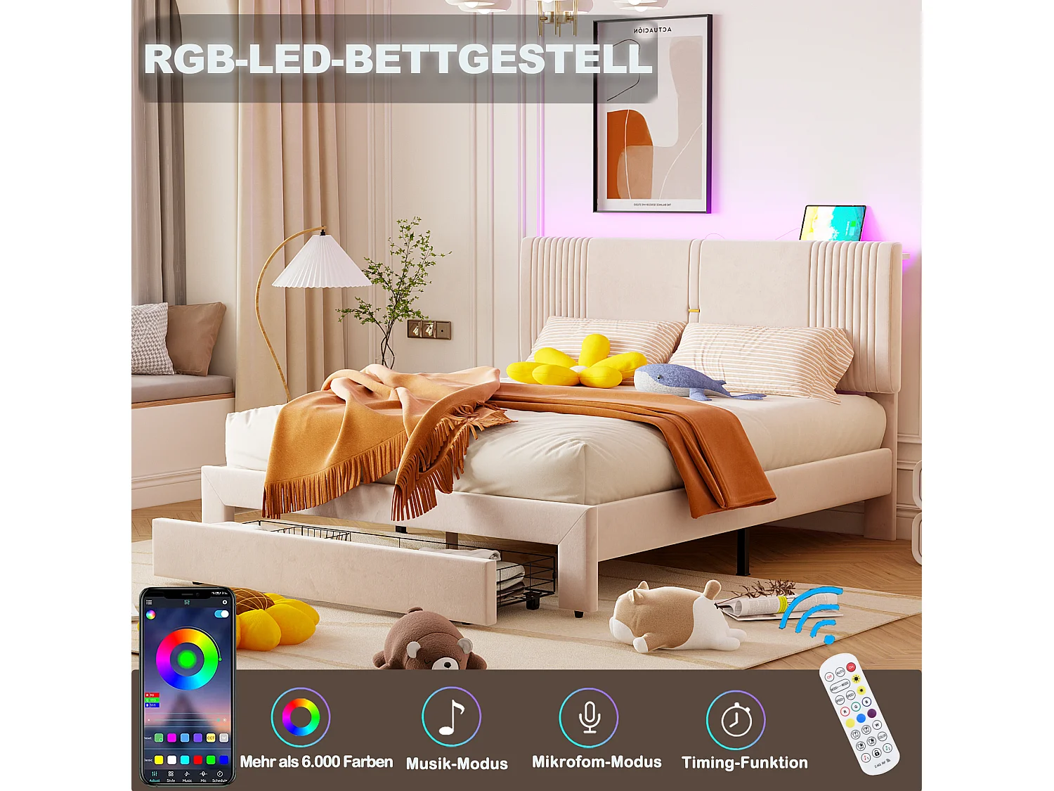 Lit capitonné 160 x 200 cm  avec tête de lit et 1 tiroir - Velours - LEDs et prise USB - Beige (Sans matelas)