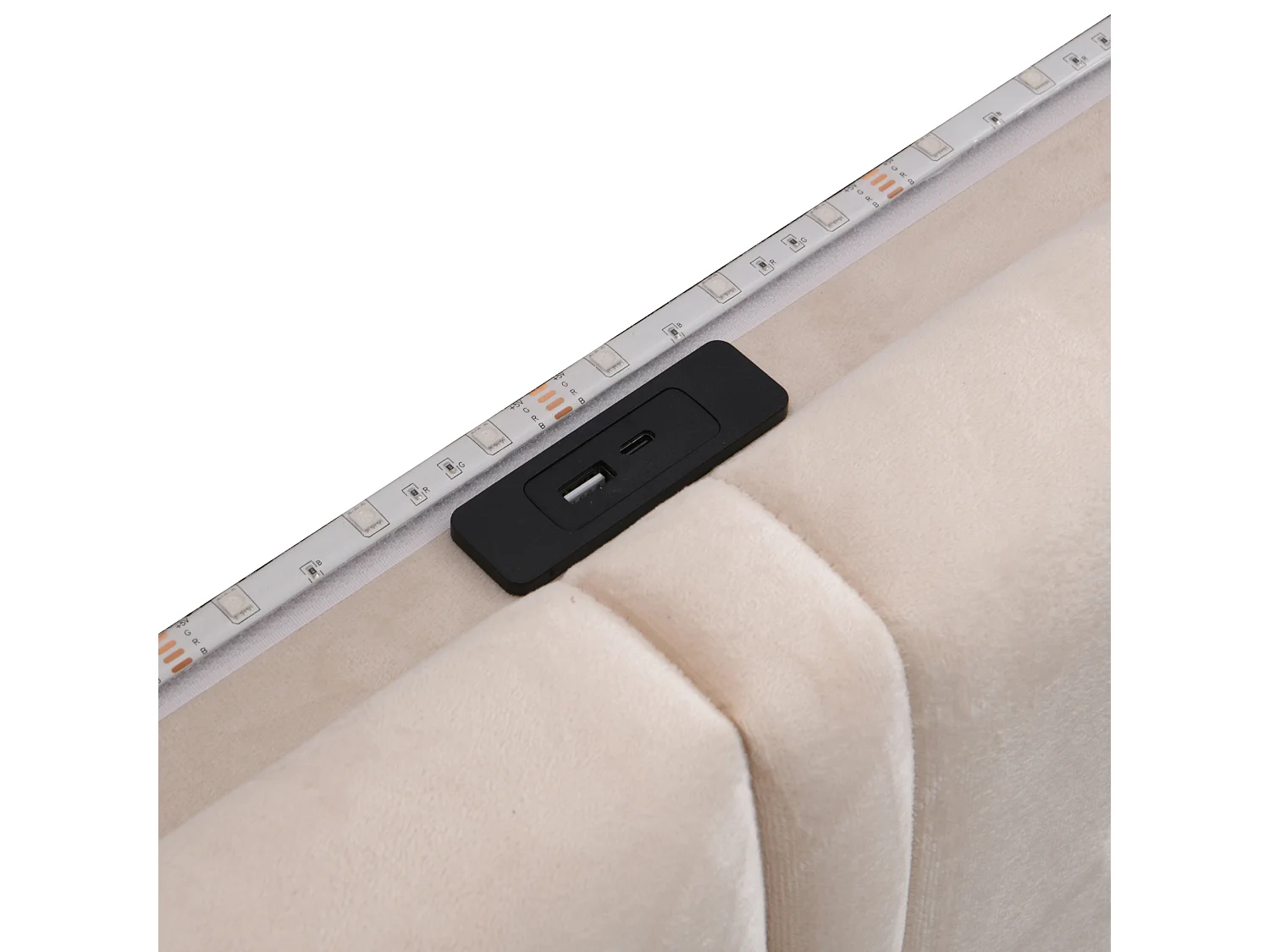 Lit capitonné 160 x 200 cm  avec tête de lit et 1 tiroir - Velours - LEDs et prise USB - Beige (Sans matelas)