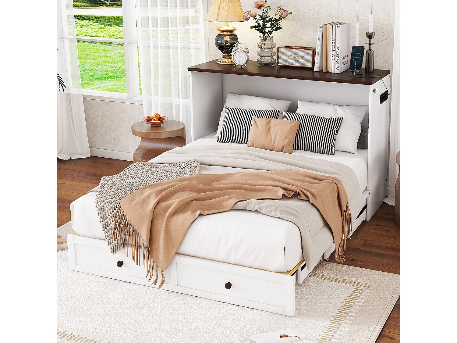 Opklapbed 140 x 200 cm met 2 lades en plank aan het hoofdeinde van het bed - Grenenhout en MDF - USB-aansluiting - Wit