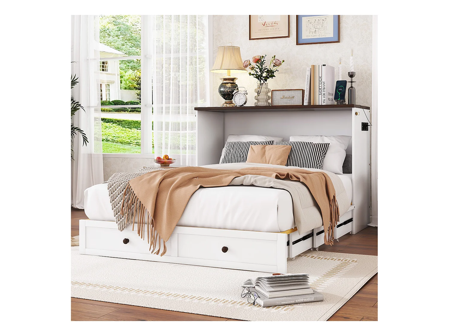 Lit escamotable 140 x 200 cm avec 2 tiroirs et étagère en tête de lit - Bois de pin et MDF - Prise USB - Blanc