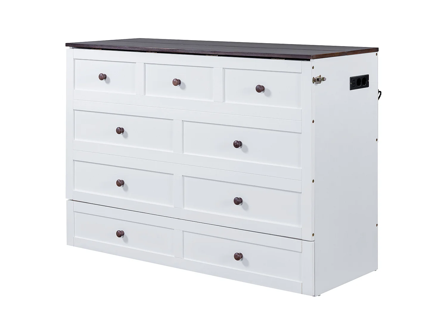 Lit escamotable 140 x 200 cm avec 2 tiroirs et étagère en tête de lit - Bois de pin et MDF - Prise USB - Blanc