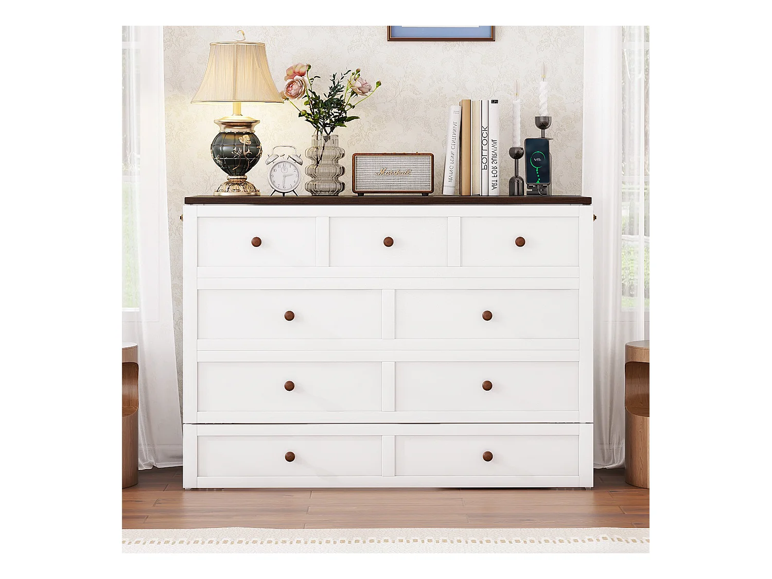 Lit escamotable 140 x 200 cm avec 2 tiroirs et étagère en tête de lit - Bois de pin et MDF - Prise USB - Blanc