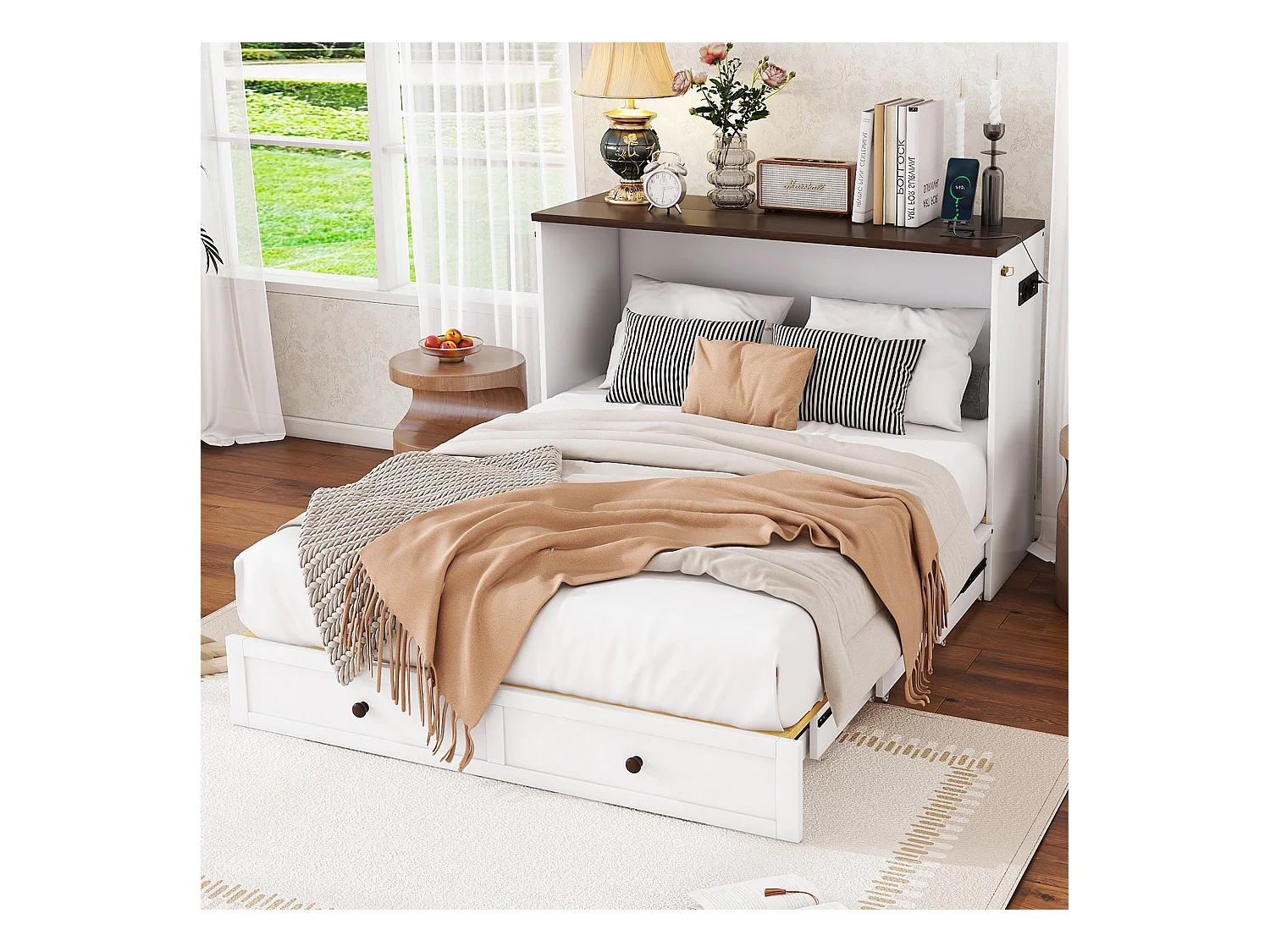Lit escamotable 140 x 200 cm avec 2 tiroirs et étagère en tête de lit - Bois de pin et MDF - Prise USB - Blanc