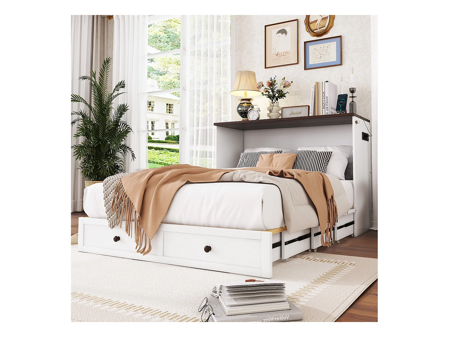 Lit escamotable 140 x 200 cm avec 2 tiroirs et étagère en tête de lit - Bois de pin et MDF - Prise USB - Blanc