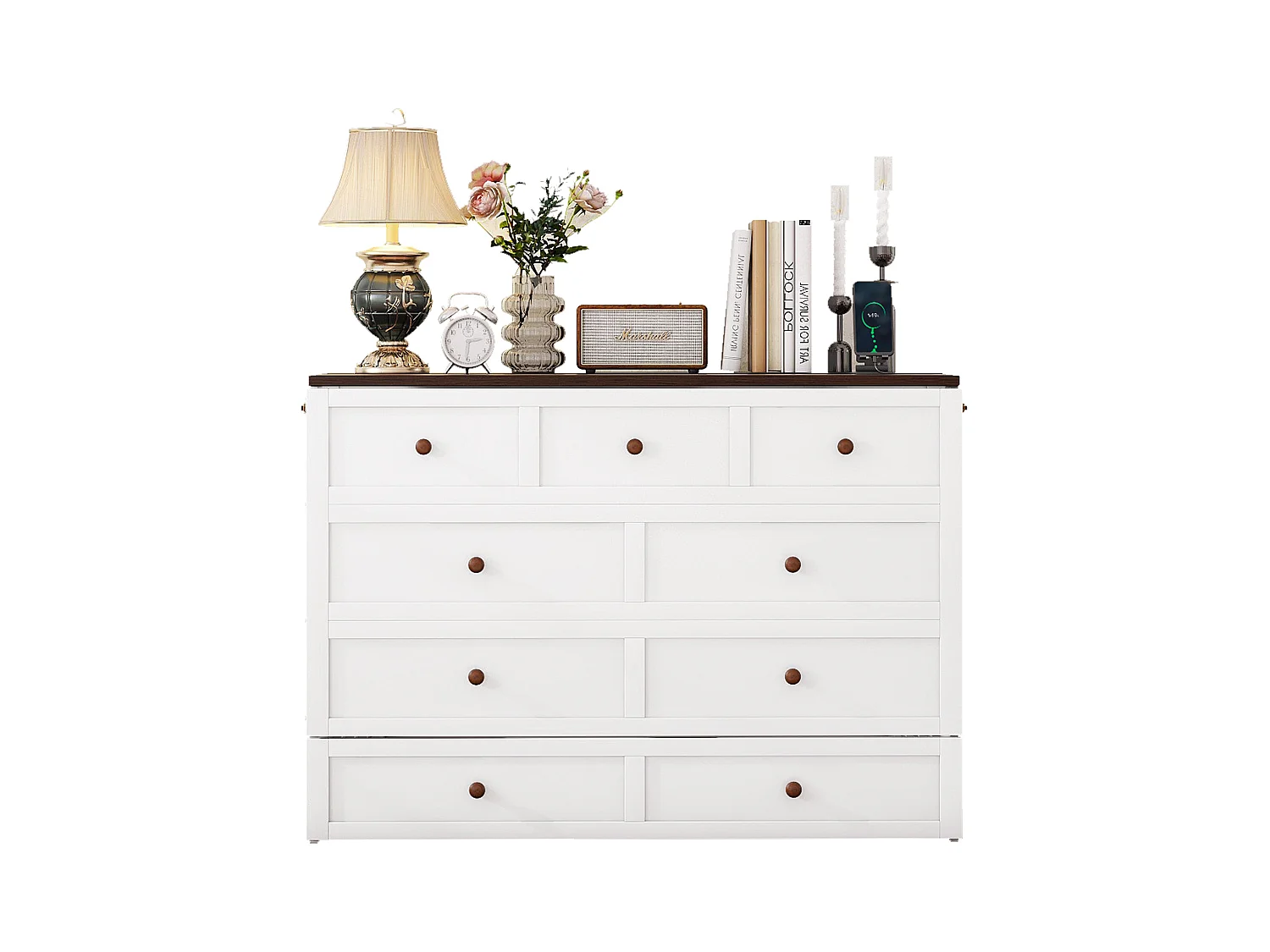 Lit escamotable 140 x 200 cm avec 2 tiroirs et étagère en tête de lit - Bois de pin et MDF - Prise USB - Blanc
