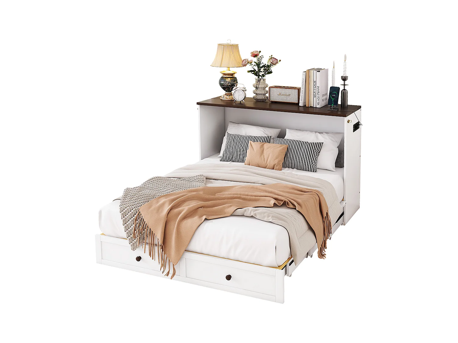 Lit escamotable 140 x 200 cm avec 2 tiroirs et étagère en tête de lit - Bois de pin et MDF - Prise USB - Blanc