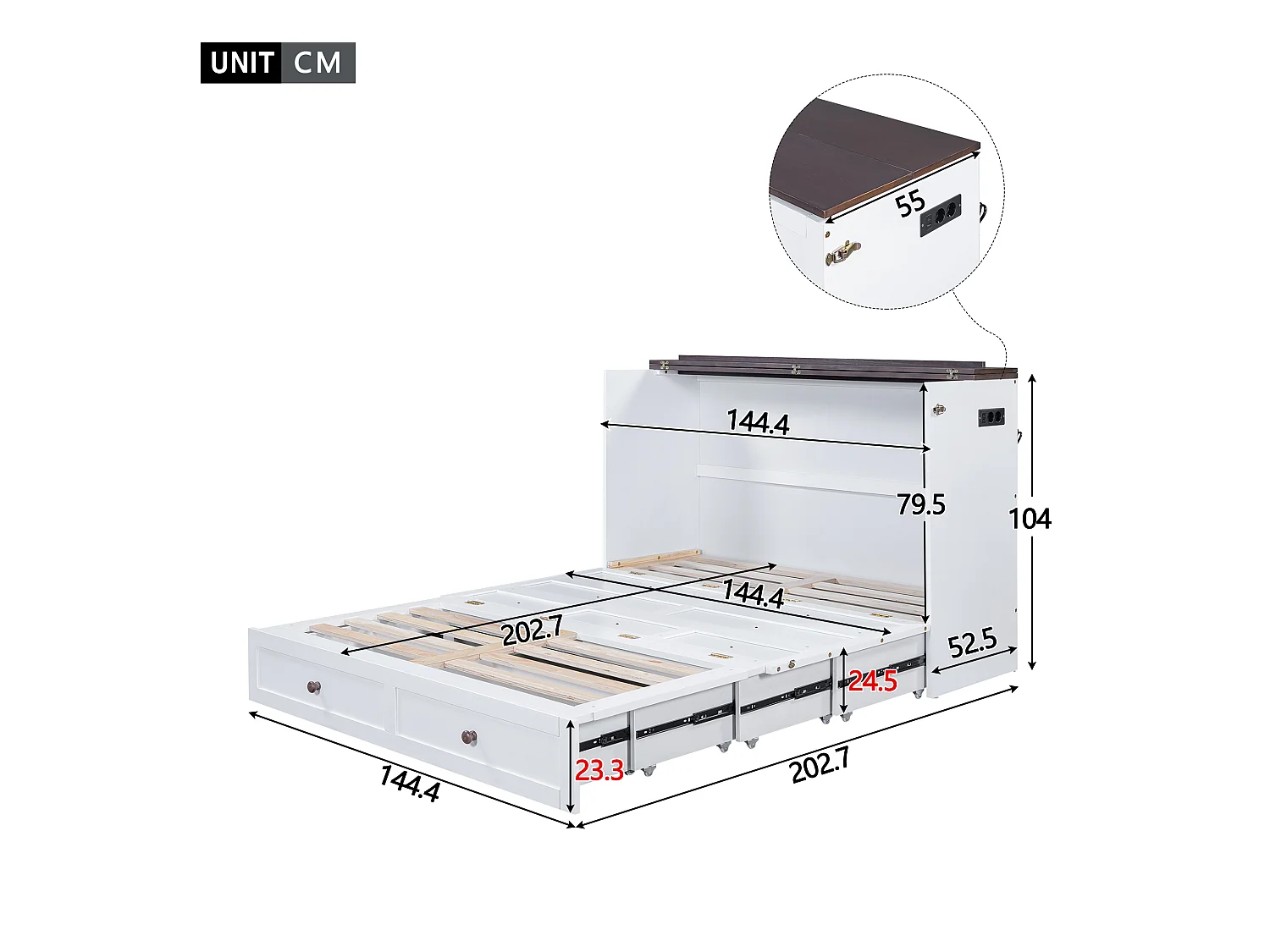 Lit escamotable 140 x 200 cm avec 2 tiroirs et étagère en tête de lit - Bois de pin et MDF - Prise USB - Blanc