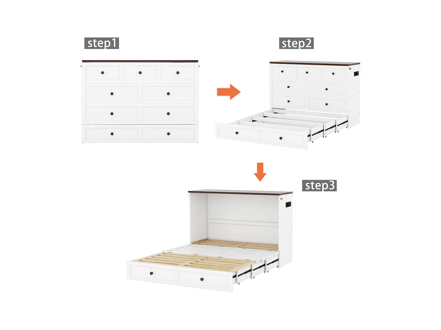 Lit escamotable 140 x 200 cm avec 2 tiroirs et étagère en tête de lit - Bois de pin et MDF - Prise USB - Blanc