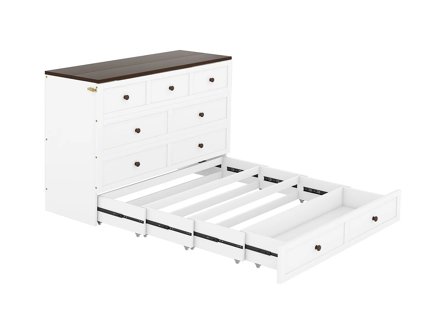 Lit escamotable 140 x 200 cm avec 2 tiroirs et étagère en tête de lit - Bois de pin et MDF - Prise USB - Blanc