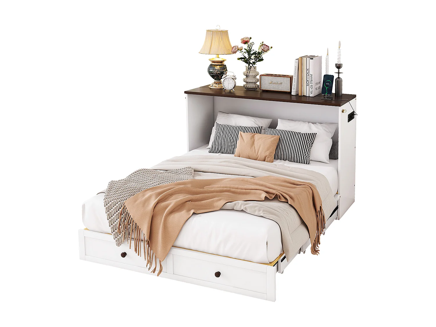 Lit escamotable 140 x 200 cm avec 2 tiroirs et étagère en tête de lit - Bois de pin et MDF - Prise USB - Blanc